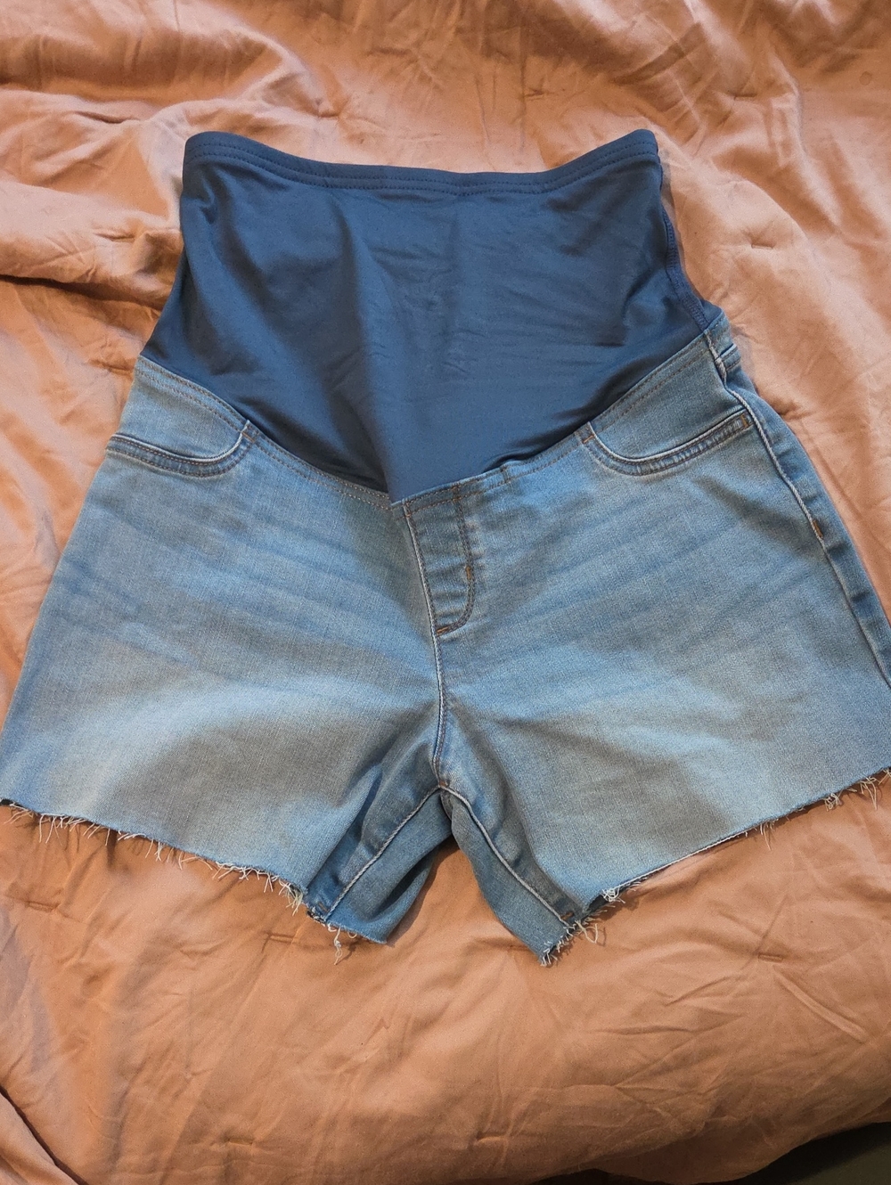 Ingrid & Isabel Light Blue Denim Maternity Shorts with Navy Overband